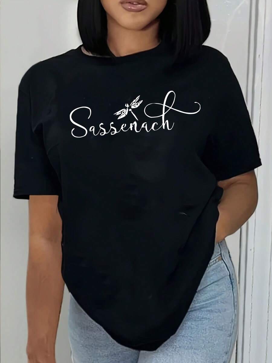 Summer Short Sleeve Crew Neck Sassanach Letter Print T-Shirt - Casual Top For Women-1 - 黑色 - 查看 1