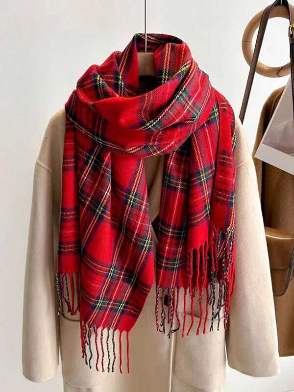 1pc Plaid Checkered Fringe Warm Decorative Casual Street Style Knit Scarf, Suitable For Autumn/Winter