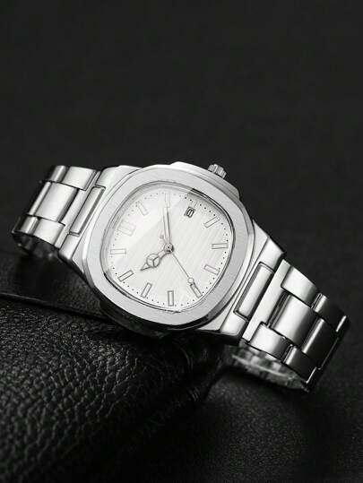 1pc Square Dial Calendar Stainless Steel Quartz Business Wrist Watch, No Horloge Box Included view 9