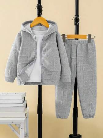 Boys' Grey Hooded Zip-Up Cardigan And Pants Set - Casual Spring/Autumn Two Pieces Set With Letter Print, Loose Fit, Long Sleeves, Pockets, Perfect For Outdoor Play