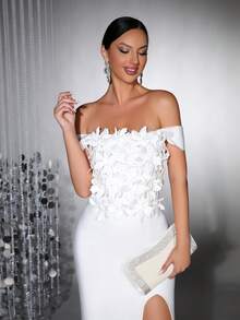 New Women's White Luxurious Elegant Three-Dimensional Floral Decoration Single Shoulder High Seam Slim Fit Long Bandage Dress Suitable For Birthdays, Holidays, Christmas Photos, Parties, Formal Dinners, Evening Dresses, Wedding Guest Dresses