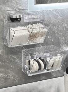 透明清洁棉签收纳盒，亚克力浴室翻盖化妆品展示盒，壁挂式无孔化妆棉球、发夹、发圈收纳盒，可存放清洁棉签、化妆棉球、发夹、发圈等。