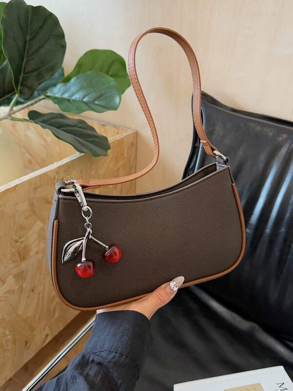 1pc Solid Color Zipper Closure Fashion Tote Bag, Shoulder Bag, Crossbody Bag, Phone Pouch With Cherry Pendant