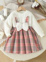 1pc Girls Casual Reversible Pineapple, Bow & Plaid Pattern Soft Comfortable Woven Fabric Long Sleeve Dress, Suitable For Outdoor Wear, Autumn/Winter