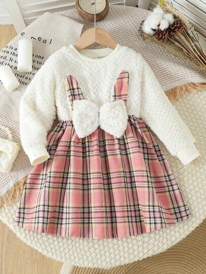 1件女童休闲菠萝蝴蝶结格子拼接柔软舒适梭织面料长袖连衣裙，适合户外穿着，秋季款