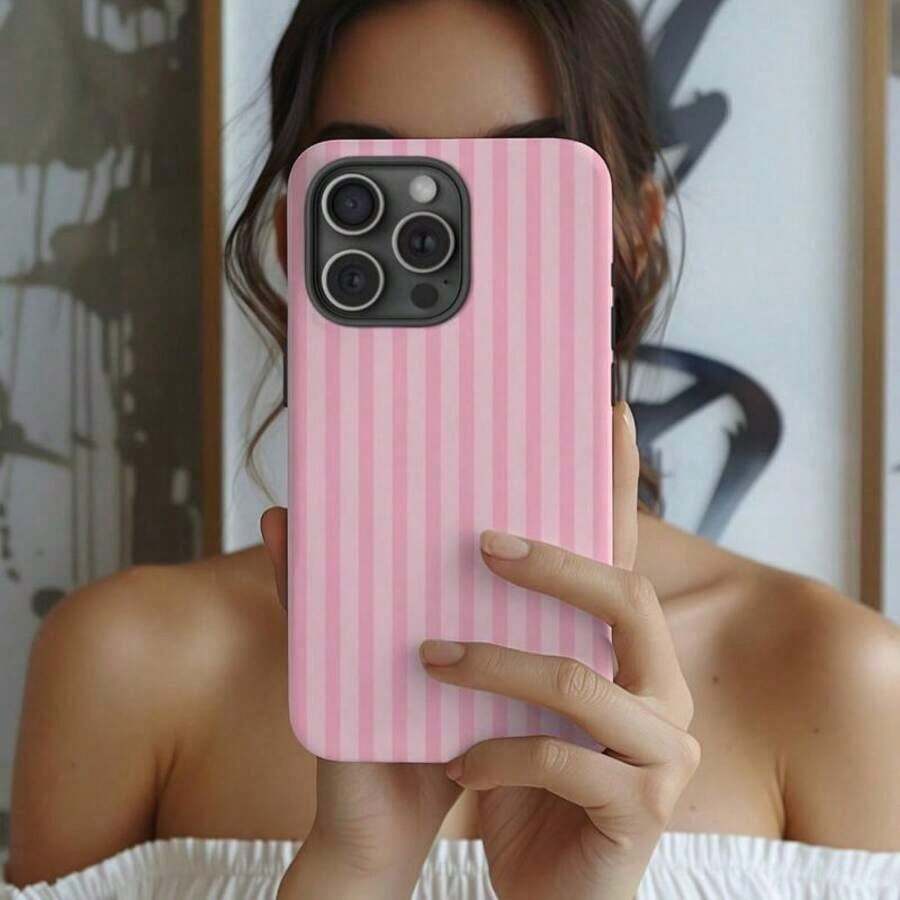 Funda protectora para teléfono con diseño de rayas rosas (1 unidad), compatible con phone 11, 12, 13, 14, 15, 16 Pro/Pro/Plus - Blanco - Ver 1