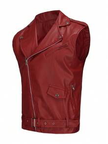 Fashion Mens Faux Leather PU Biker Punk Vest Zippers Slim Fit Male Sleeveless Waistcoat For Men - 酒紅色 - 查看 1