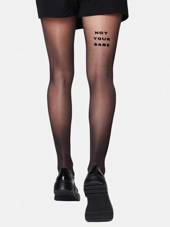 1pc Women's Ultra-Thin Black Gothic English Letter Tights, Skinny Pantyhose Suitable For 40-55kg