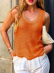 女士法式时尚休闲可爱闪亮纹理不对称下摆圆领无袖针织吊带背心，适合度假穿着，夏季必备