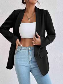 Blazer negro sólido para mujer - Nuevo estilo para primavera y otoño. Adopta un diseño de cuello chal que le otorga un temperamento elegante y grácil. Es adecuado para ocasiones como bodas, salidas diarias, fiestas y festivales. También puede servir como atuendo para Año Nuevo, Navidad, Halloween y otras celebraciones.