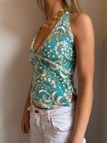 Y2K Sequin Halter Top For Women Floral V Neck Embroidered Tank Tops Sparkle Backless Top Summer Cami Shirts