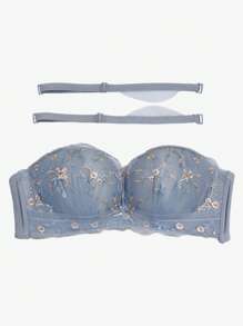 Ladies Push-Up Lace Floral Backless Strapless Bra For Small Bust [For Flat Chest], Cool Light Blue - Blue - View 5
