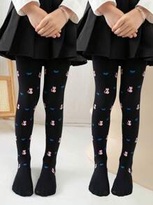 2 Pairs Girls' Bowknot Printed Stirrup Tights, Thin Leggings For Spring/Summer, Baby Toddler Outer Wear, Star & Heart Design