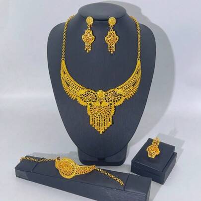 1 Set Luxury Elegant Design Earrings, Necklace, Ring, Bracelet 5pcs Jewelry Set For Women, Suitable For Bride, Wedding, Party