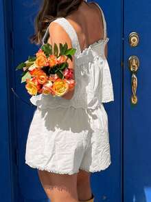 Women Shorts Set, Tie-Up Patchwork Camisole With Elastic Waist Shorts Summer Pajama Set Loungewear - White - View 6