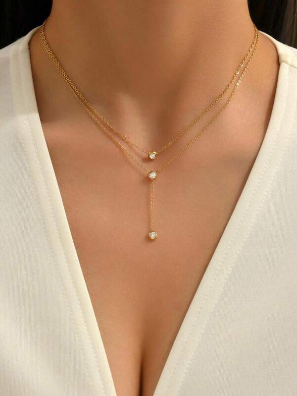 1pc Fashionable Necklace, Minimalist Luxury Style Cubic Zirconia Pendant, Elegant Gold Color Layered Y-Shaped Choker Necklace For Women