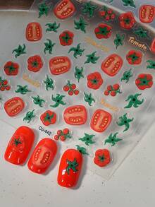 1pc 3D Embossed Fresh Tomato Nail Art Sticker, Fruit Theme Pattern, One-Time Self-Adhesive, Suitable For Creative DIY Manicure, Matching Seasonal Style - Red - View 5