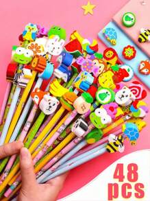 48pcs Cartoon HB Pencils With Cute Erasers, Back To School Supplies Set, Includes Randomly Mixed Cartoon Pencils With Adorable Erasers, Suitable As Back To School Gifts, Back To School Supplies (12pcs/24pcs/48pcs)