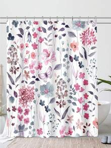 Cute Floral Shower Curtain, 66x72 Inch, Flower Fabric Shower Curtains For Bathroom, Wildflower Butterfly Cloth Shower Curtain Set With Hooks