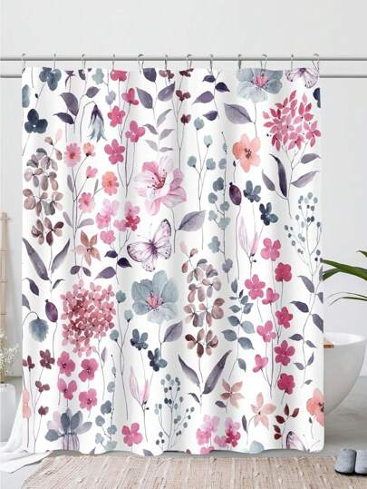 Cute Floral Shower Curtain, 66x72 Inch, Flower Fabric Shower Curtains For Bathroom, Wildflower Butterfly Cloth Shower Curtain Set With Hooks