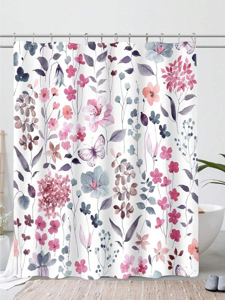 Cute Floral Shower Curtain, 66x72 Inch, Flower Fabric Shower Curtains For Bathroom, Wildflower Butterfly Cloth Shower Curtain Set With Hooks