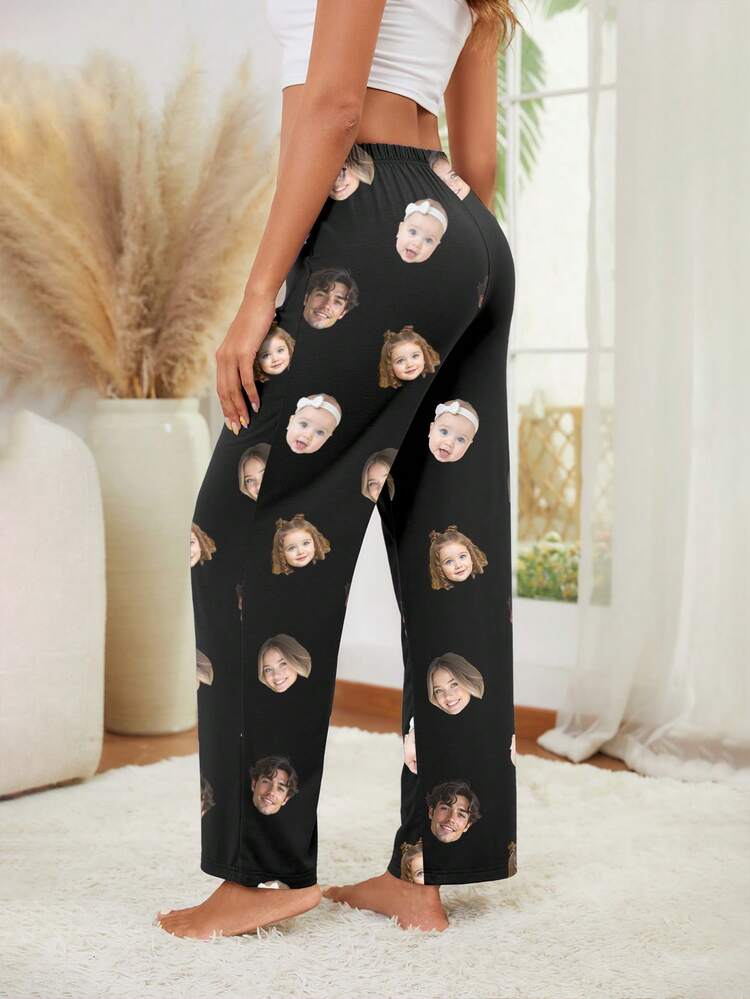 Printstory Customized Women's Pajama Pants, Unique Couple's Big Head Photo, Couple Face Replacement And Pet Face Swap, Holiday Atmosphere - Celebrity Big Head Photo Fan Merchandise,New Year's Eve Outfit - Black - View 2
