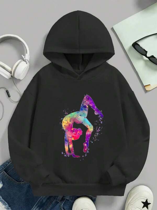 1 X Girl's Long Sleeve Hooded Pullover With Colorful Dancing Cartoon Print, Comfortable, Fashionable And Casual New Autumn And Winter Tops For Young Girls/Weekly Girls/Teen Girls