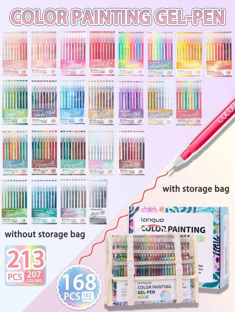 Languo 162 Color Neutral Pen Premium Set, Student Drawing Special Drawing Coloring Painting Gel-Pen 0.6mm Signature Pen, Color Markers To Make Notes High Capacity Handbook Pen Diy Stackable Color Drawing Ins Style Anime Cartoon Coloring Hand Drawing Pen