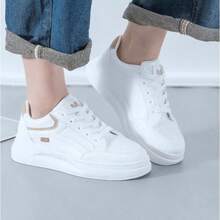 Thick-Soled Women's White Sports Shoes! Simple Pure White / Invisible Height Increase, Soft And Elastic Leather For A Luxurious Feel, Cloud-Like Sole For Walking Without Tiring Feet! Suitable For Daily Outings, Work Commuting, Dating And Shopping, Sports And Leisure, Suitable For All Kinds Of Sports - Màu Khaki - Xem 7