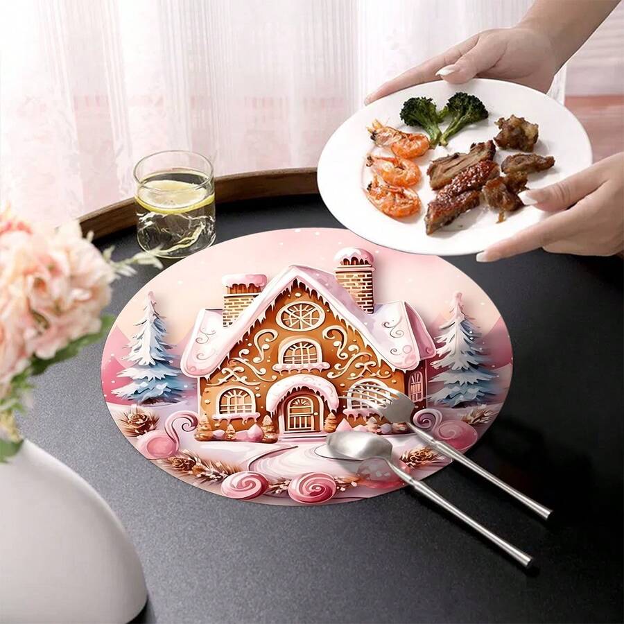 2 piezas/4 piezas/6 piezas Manteles individuales de silicona con estampado de casa de jengibre, decoración navideña, adecuados para mesa de comedor, bar de café, todo el año, manteles lavables para mesa, decoración de habitación, posavasos, manteles de escurrimiento, manteles individuales de cocina y comedor, decoraciones de fiesta interior y exterior, decoración del hogar, regalo ideal