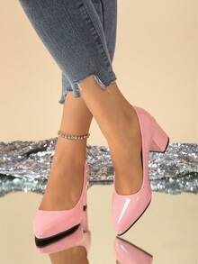 Pointed Toe Women's Pumps, Chunky Heel High Heels, Simple Shallow Work Shoes - Pink - View 5