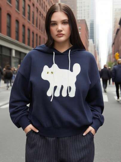 Terry Katzen-Grafik Oversize Hoodie, Kurven & Große Größen, Strickstoff mit Kordelzug