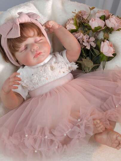 Cloveray 20 Inch Sleeping Realistic Reborn Doll | Floral Pearl-Embroidered White Top + Pink Tulle Ruffle Skirt Toy Doll | Premium Washable Vinyl & Fabric Body | With Pacifier, Bottle, Diaper & Certificate Gift Set Newborn Doll | Hand - Implanted Hair Strands | Baby Shower Christening Present| Excellent Gift Set For Birthdays And Festivals, Suitable For Playing House, Dress - Up Games| A Companion Toy For Children And The Elderly