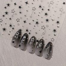 Whimsical Star Charm Nail Art Stickers - 3D Embossed, Cartoon Style, Glossy Finish, Self-Adhesive, Disposable, No Needle, Plastic Surface Embroidery Design, Perfect For Manicure And Pedicure Accessories - 黑色+銀色 - 查看 3