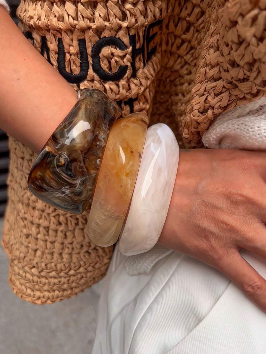 3 件套夸张不对称树脂半透明手链，女士适用，独特百搭 - 彩色 - 查看 1