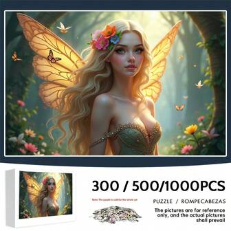 1000/500/300pcs Adult Jigsaw Puzzle, Fairy With Floral Wings, High Difficulty Oversized Puzzle, Quality Thick & Durable, Creative & Fun To Improve Thinking Skills, DIY Home Decor, Interactive Brain Teaser, Artistic Decoration, Perfect Gift For Birthday, Halloween, Thanksgiving