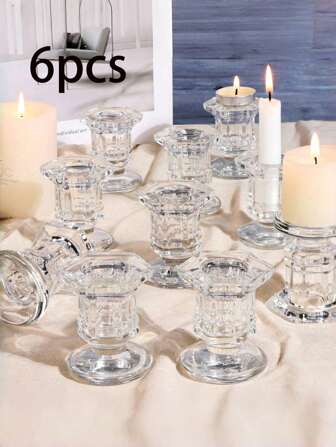 حاملات الشموع بالجملة، طقم من 6 حاملات شموع زجاجية شفافة، حاملات شموع زجاجية مخروطية للأعراس والهالوين والكريسماس وأطباق الطاولة المركزية، ديكور منزلي مثالي للخريف