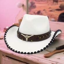 Retro Carnival Cowgirl Hat For Women Men Bull Head Leather Belt Wide Brim Western Cap - trắng - Xem 2