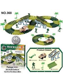 各种可组合军事和恐龙系列玩具套装，包括轨道、士兵、车辆、坦克、恐龙小雕像，适合儿童、生日/复活节礼物（配件颜色随机，建议为 1 辆车准备 2 节 AAA 电池），返校 - 彩色 - 查看 4