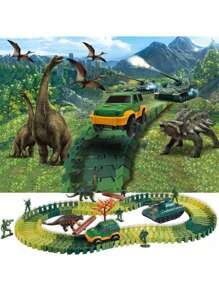 各种可组合军事和恐龙系列玩具套装，包括轨道、士兵、车辆、坦克、恐龙小雕像，适合儿童、生日/复活节礼物（配件颜色随机，建议为 1 辆车准备 2 节 AAA 电池），返校 - 彩色 - 查看 7