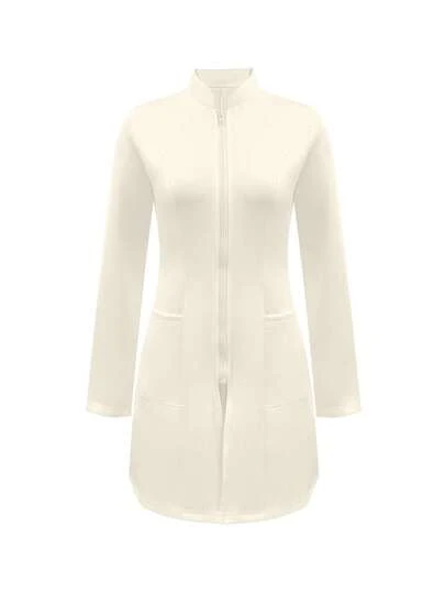 Solid Color Zip-Up Front Dual Pocket Lab Coat
