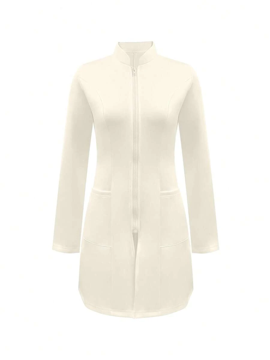 纯色拉链前襟双口袋实验服春季款 - 杏色 - 查看 1