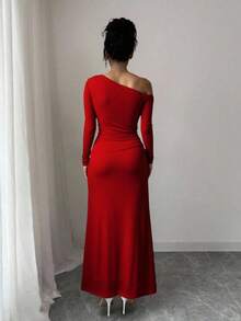 Vestido largo Hombro Descubierto Con Abertura en pierna Sexy Para Dama Ween femenino hombro caido elegante atrevido diferente corte asimétrico graduación boda formal - Rojo - Ver 2