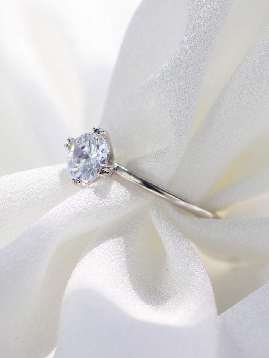 Charm-In 1 件镀铂金闪亮单颗锆石女士优质戒指、结婚珠宝、礼物 - 銀色款2 - 查看 1