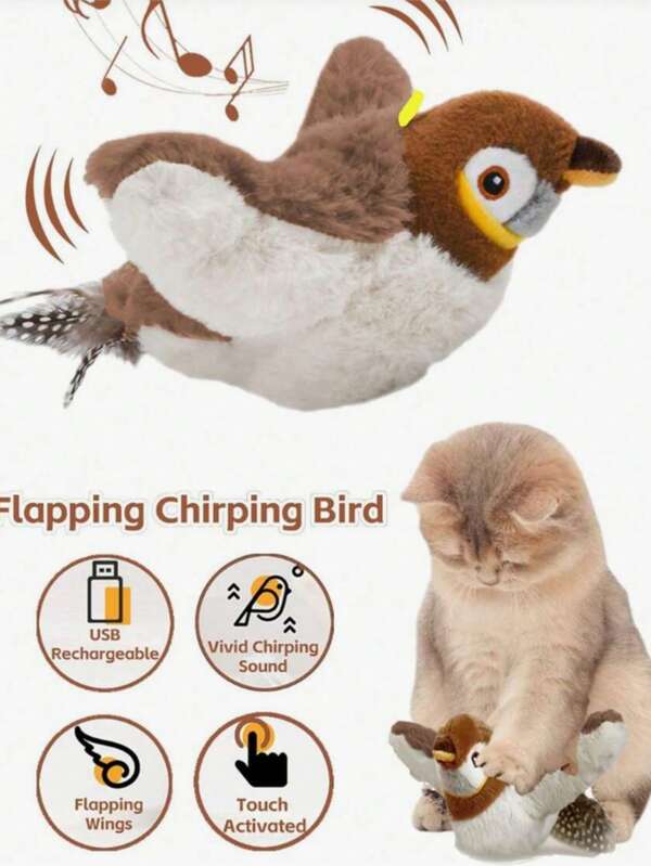 Juguete interactivo para mascotas con pájaro pequeño realista, recargable por USB y activado por tacto, adecuado para gatitos y perros pequeños, juguete de golpeo de pájaro que no vuela