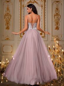 VIPGIRL 薰衣草色吊带高开衩亮片薄纱礼服，串珠晚礼服，多层公主风舞会礼服，优雅紫色舞会礼服