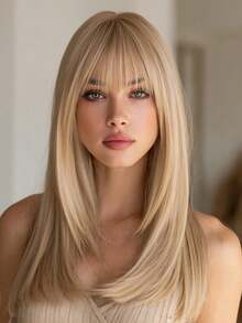 24-Inch Light Blonde Medium-Length Straight Wig With Bangs And Rose Lace, Suitable For Daily/Party/Holiday Wear - Gold - View 1