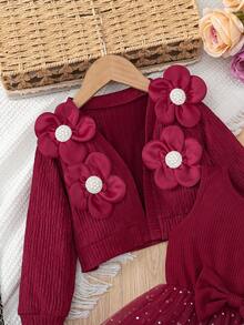 Conjunto de 2 piezas de chaqueta con textura de gofre con estampado floral y vestido con forro de malla con empalme de lazo acanalado para niña, uso casual, al aire libre, deportivo, primavera/otoño - Rojo - Ver 4