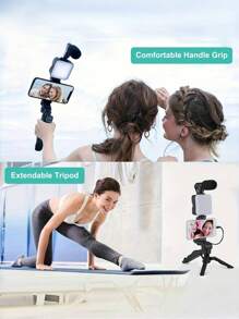 Supporto per fotocamera di telefono cellulare con luce LED rotante, mini microfono a fucile, supporto per telefono cellulare e treppiede pieghevole, stabilizzatore selfie portatile, supporto intelligente regolabile per interviste Vlog, kit di illuminazione live streaming LED - Treppiede da tavolo multifunzione in ABS, nero, treppiede portatile con altezza regolabile, design portatile a mano, perfetto per selfie, video e live streaming