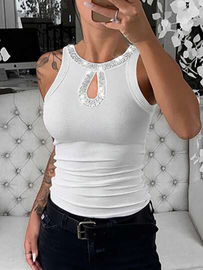 ChicMe Women Summer Rhinestone Tank Tops Keyhole Neck Sleeveless Shirt Ribbed Slim Fitted Y2K Basic Racerback Tops